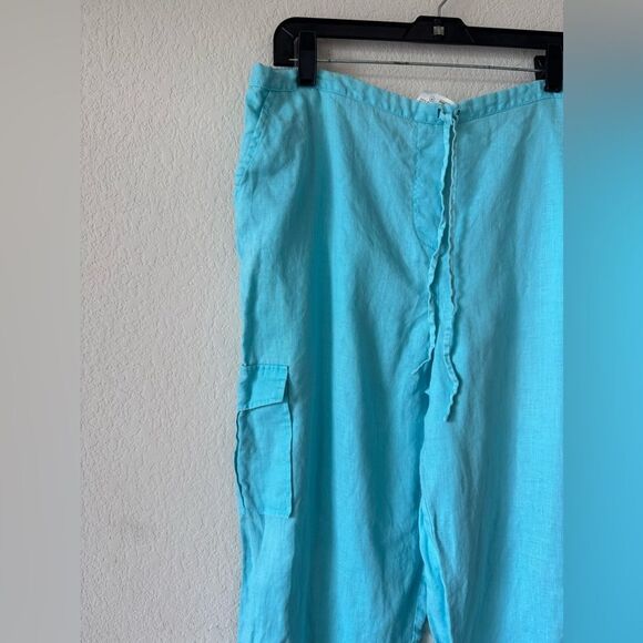 Maternity 100% Linen Aqua Blue Cropped Pants Size L Elastic Waist Cargo Coastal - Picture 2 of 7